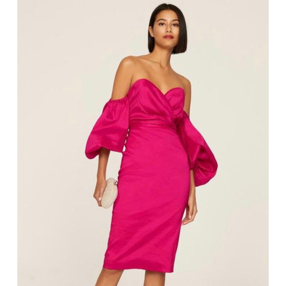 Elle Zeitoune Karter Puff Sleeve Satin Effect Sheath Dress